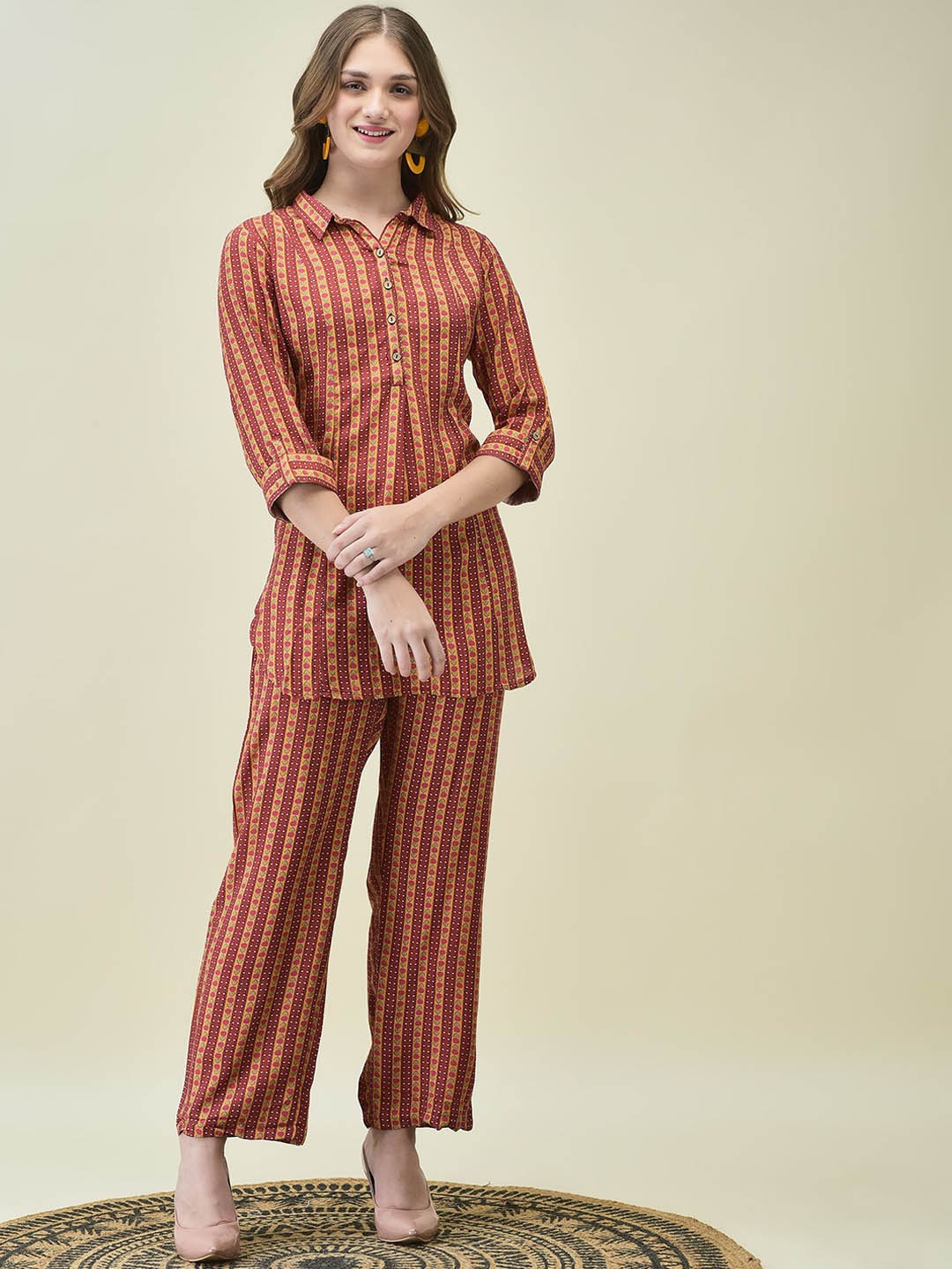 

Shree Printed Shirt Collar Tunic With Trousers, Mustard