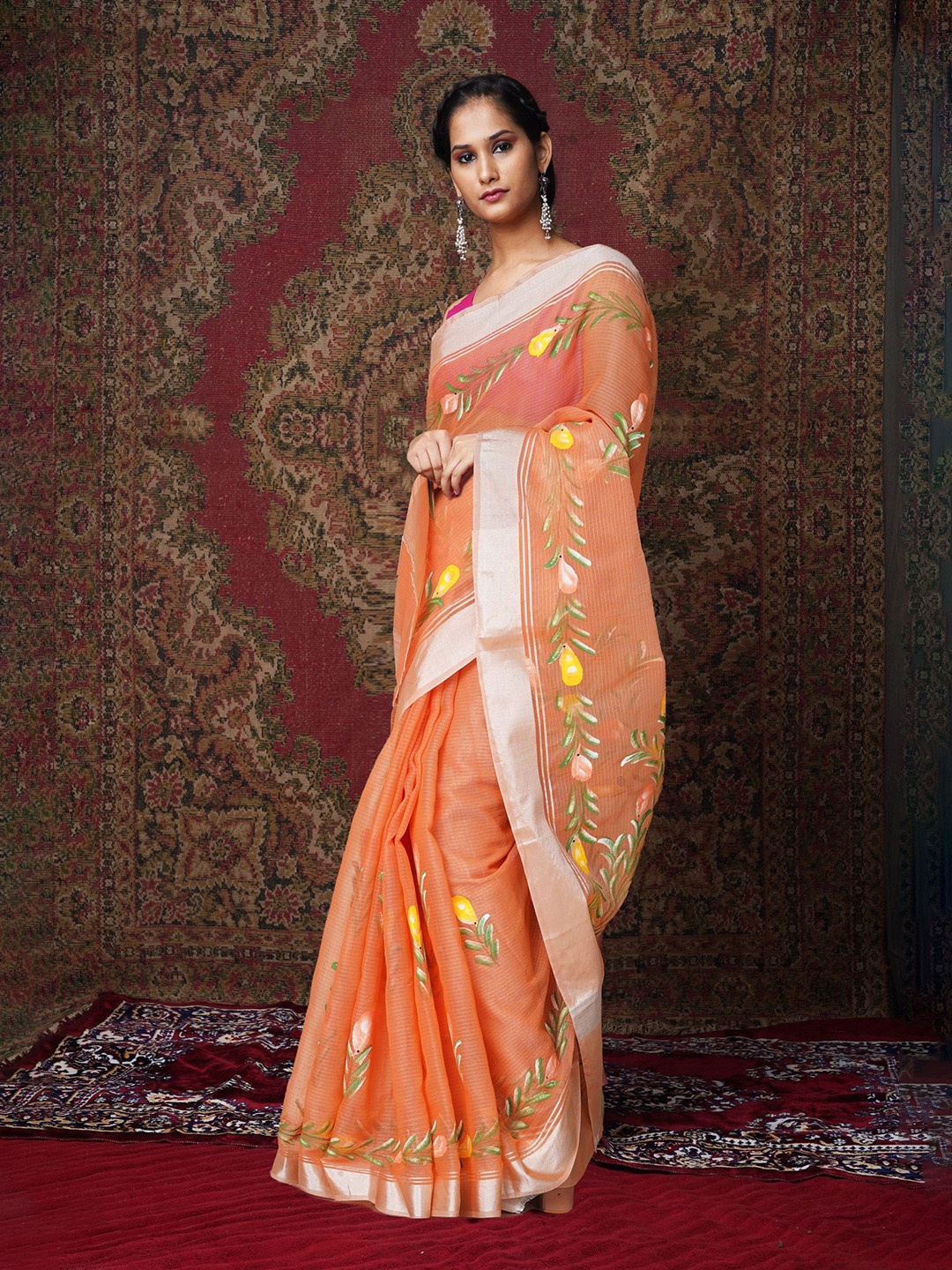 

Unnati Silks Floral Zari Handloom Kota Saree, Orange