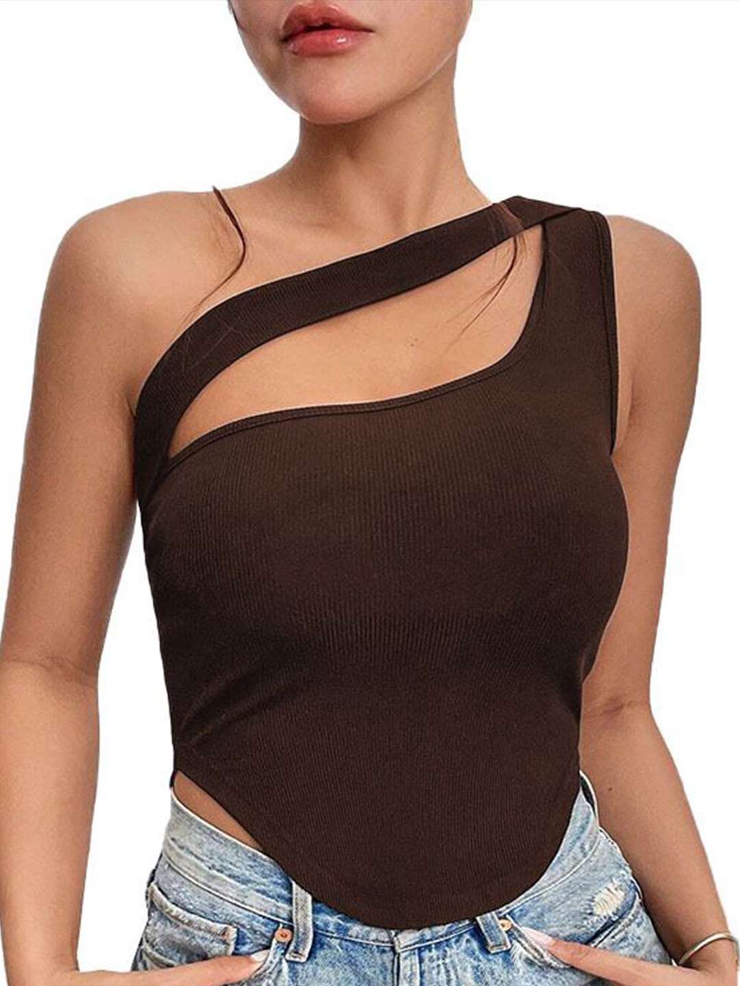 

StyleCast Women One Shoulder Fitted Crop Top, Brown