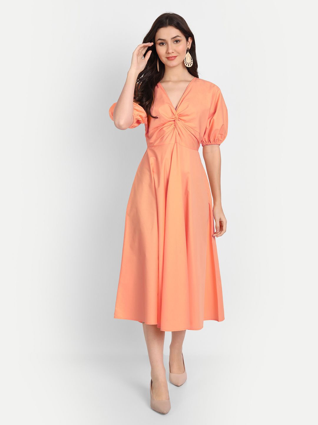 

Aaruvi Ruchi Verma Puff Sleeve Fit & Flare Midi Dress, Orange