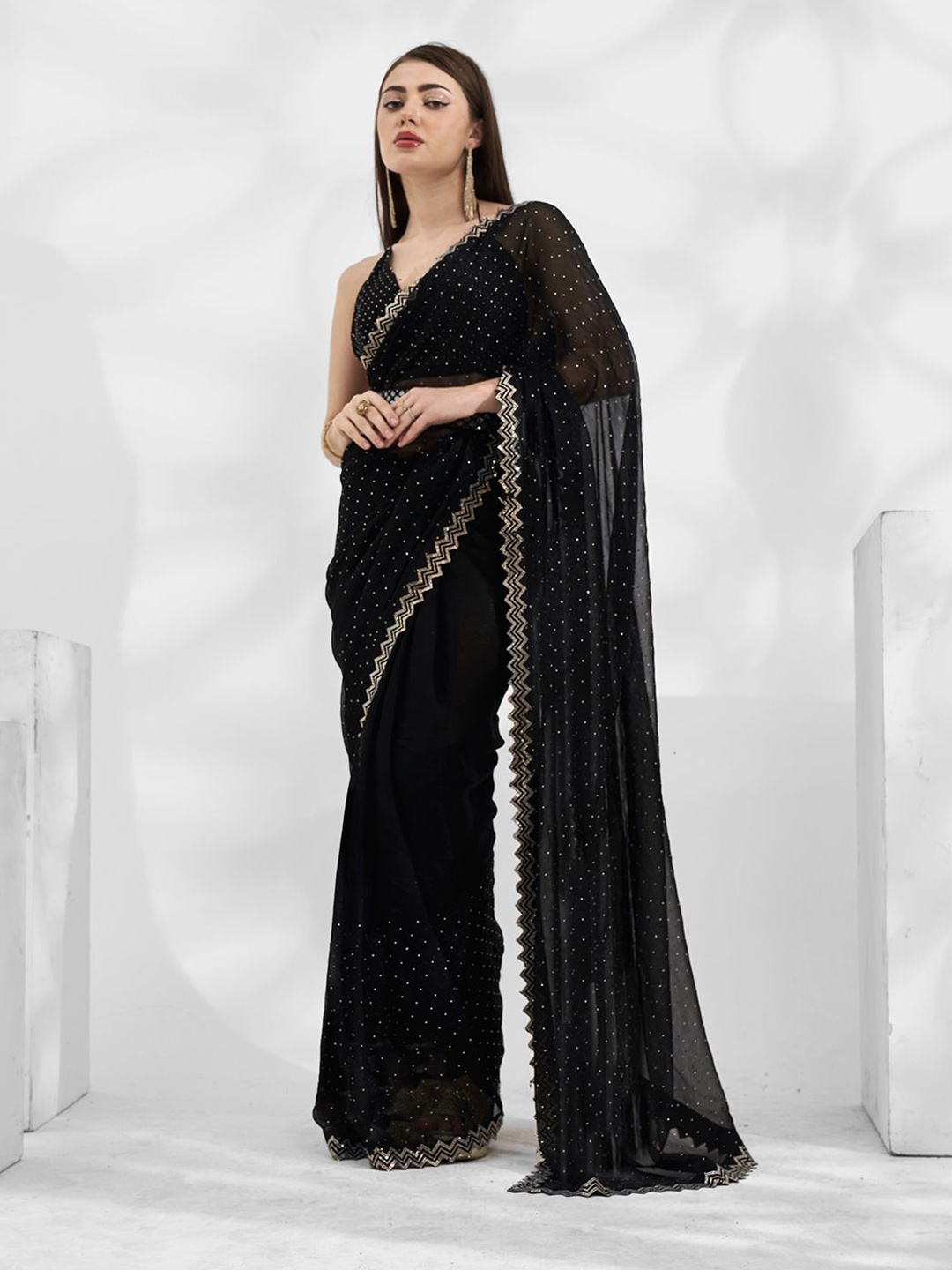 

modeva Embellished Beads and Stones Pure Chiffon Ready to Wear Saree, Black