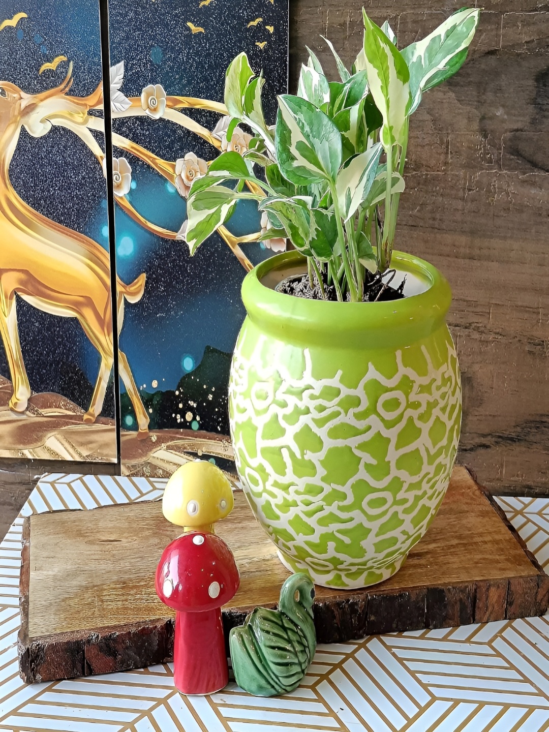 

NIYARA White & Green Printed Ceramic Planter