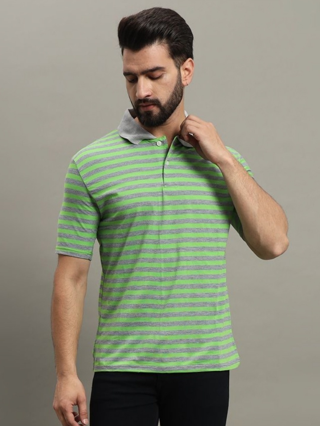 

GET GOLF Men Striped Polo Collar Cotton T-shirt, Green