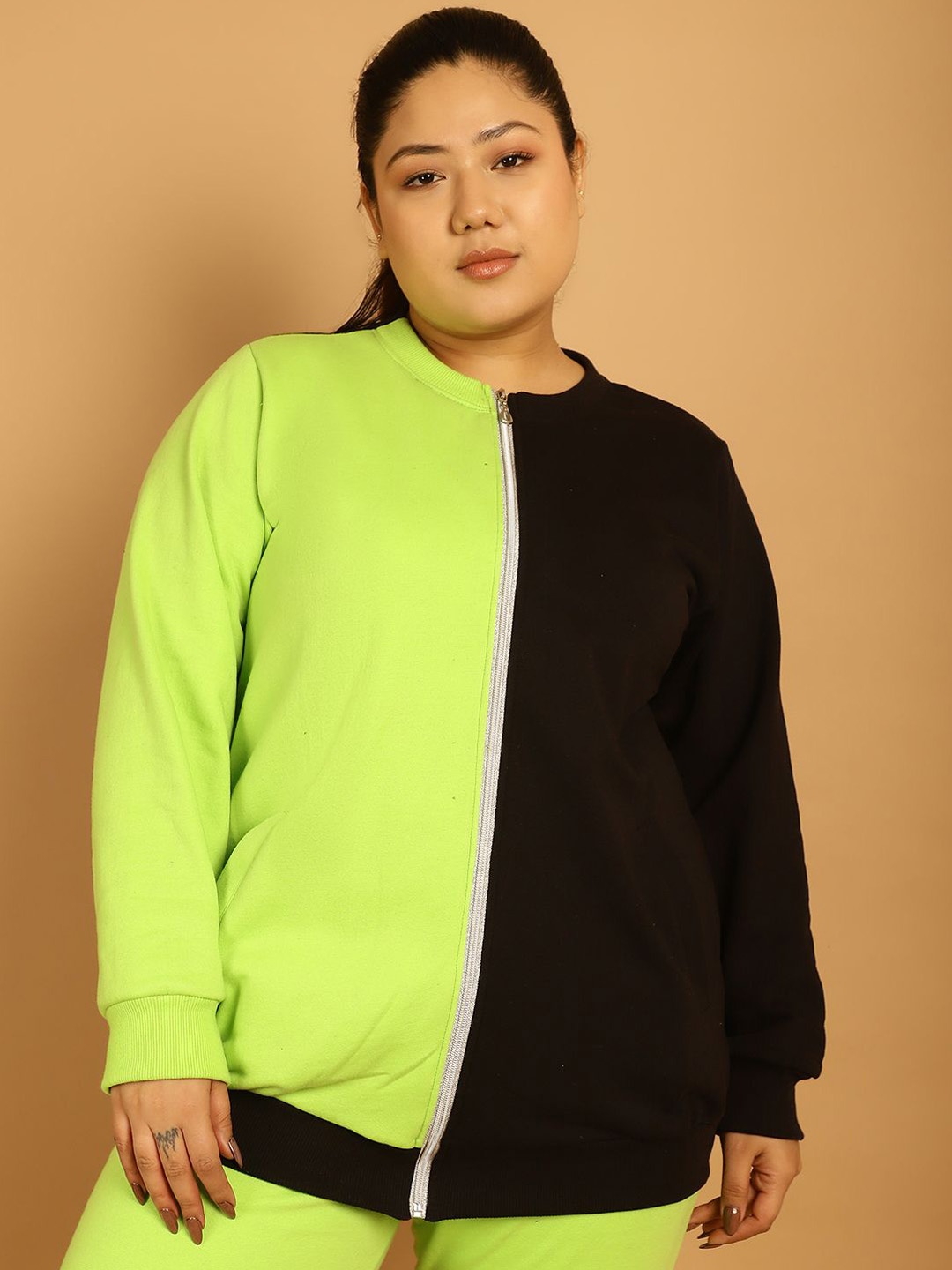 

theRebelinme Women Colourblocked Fleece Open Front Jacket, Green