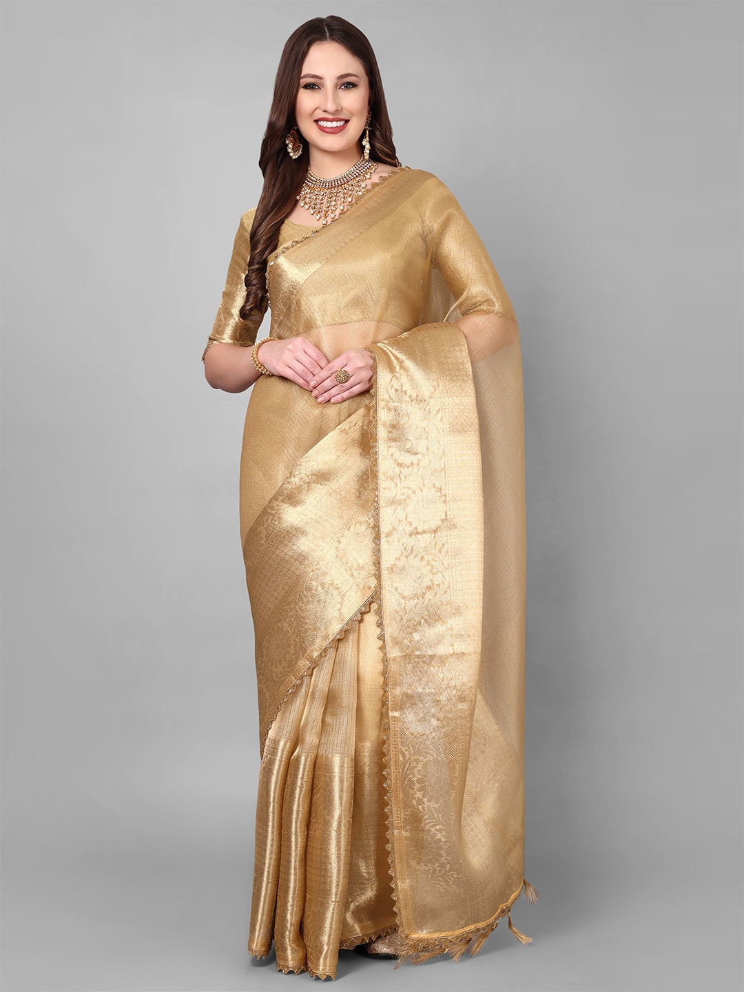 

Vastrang Woven Design Banarasi Saree With Zari Border, Gold