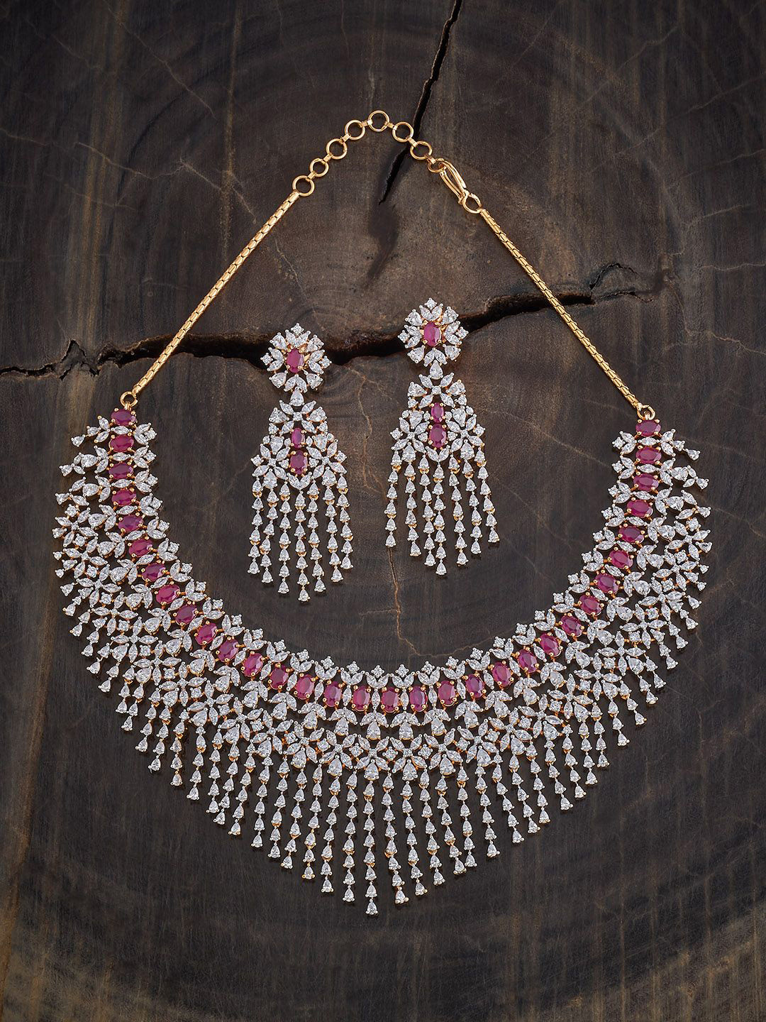 

Kushal's Fashion Jewellery Rhodium Plated CZ Studded Jewellery Set, Silver