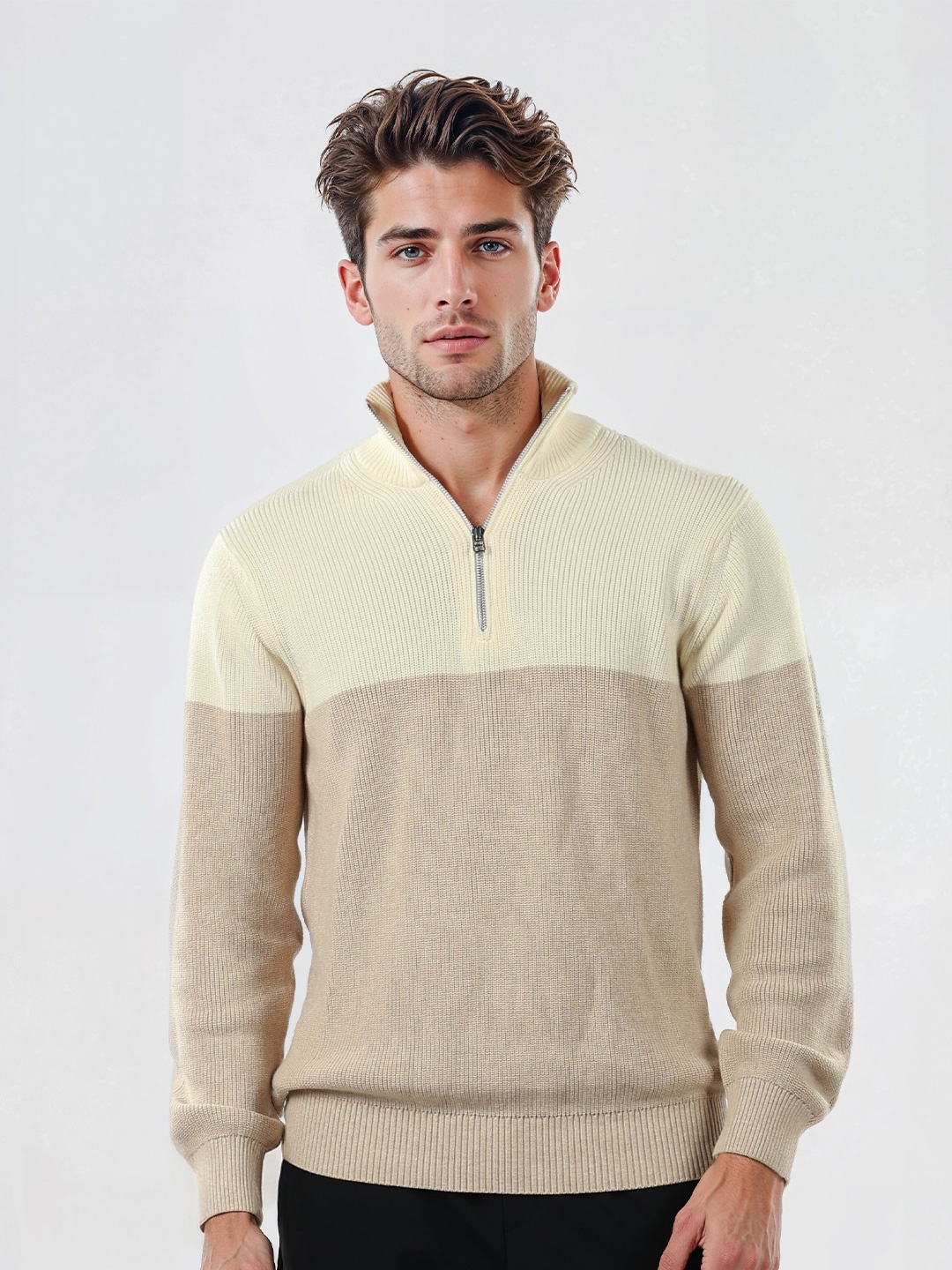 

Celio Men Colourblocked Mock Collar Pullover Sweaters, Cream