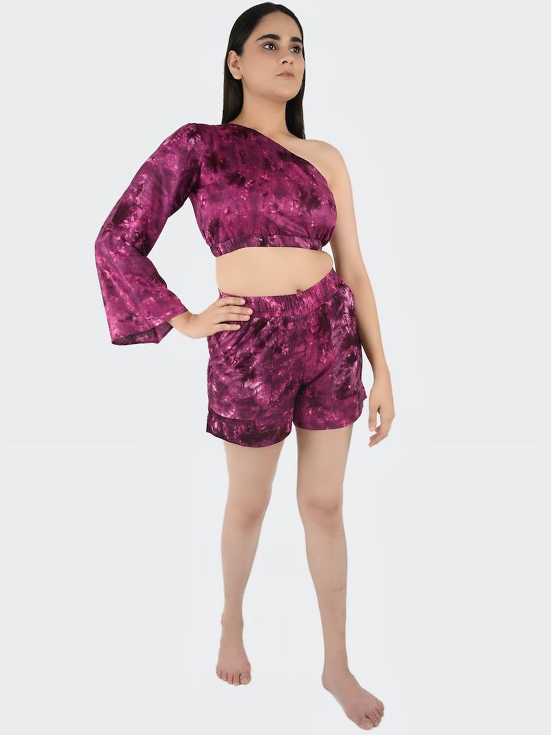 

Blissence Abstract Printed One Shoulder Neck Long Sleeves Swimwear cover up Set, Burgundy