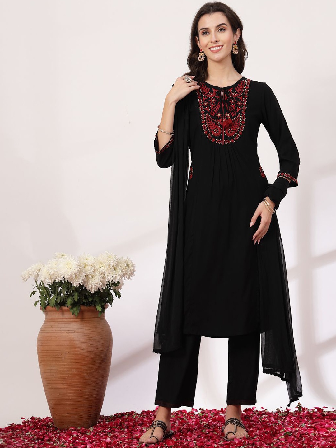 

Nayam By Lakshita Ethnic Motif Embroidered Thread Work A-Line Kurta With Trouser & Dupatta, Black