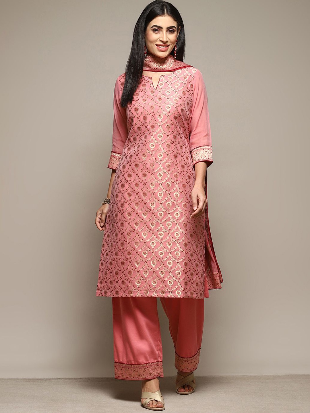 

Biba Women Ethnic Motifs Regular Pure Cotton Kurta with Palazzos & With Dupatta, Pink