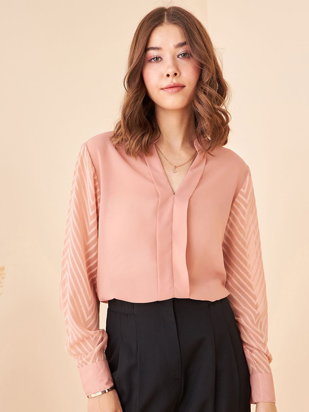 

Kibo Women Mandarin Collar Long Sleeves Crepe Top, Peach