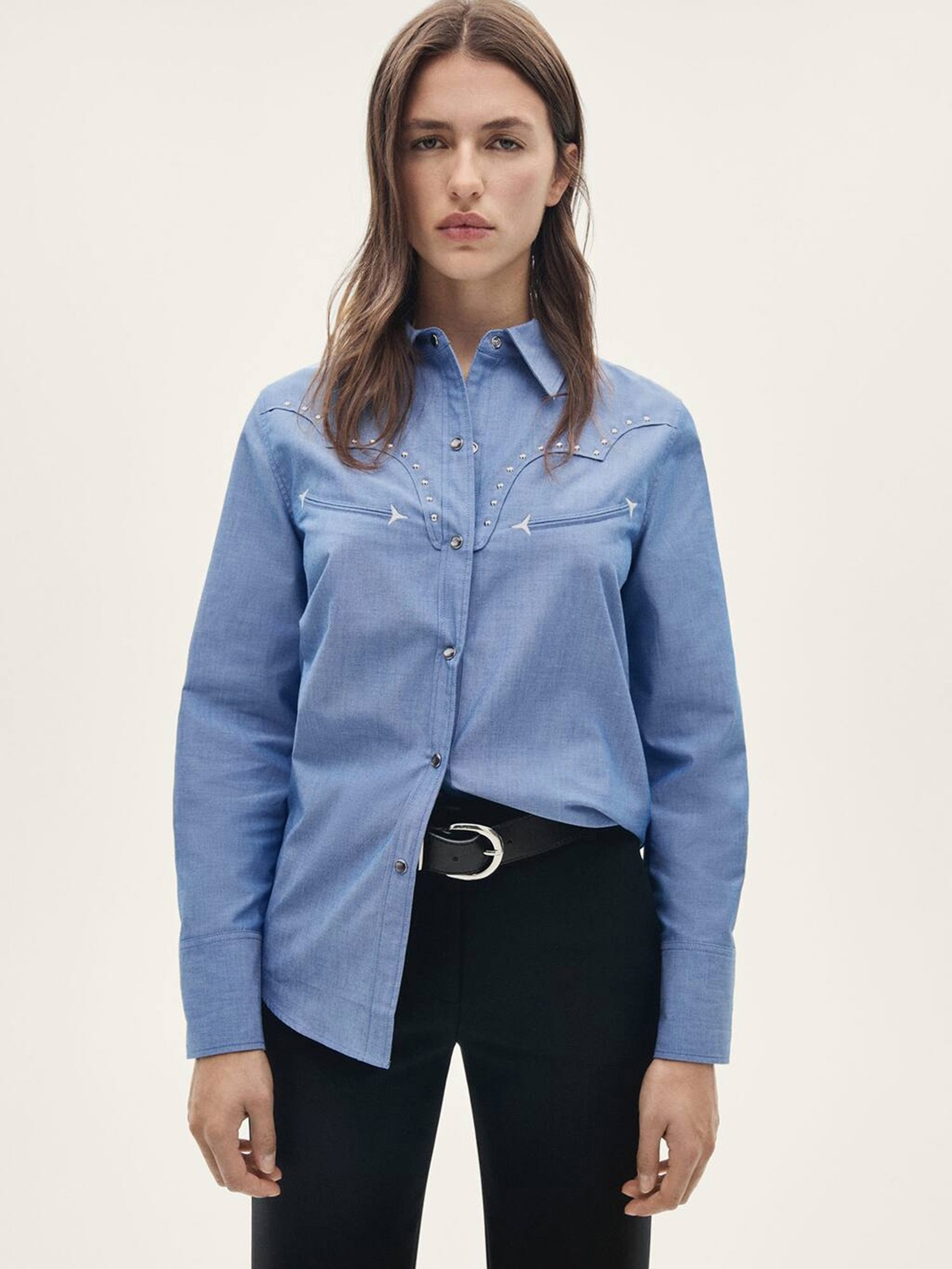 

MANGO Embellished Spread Collar Casual Shirt, Blue