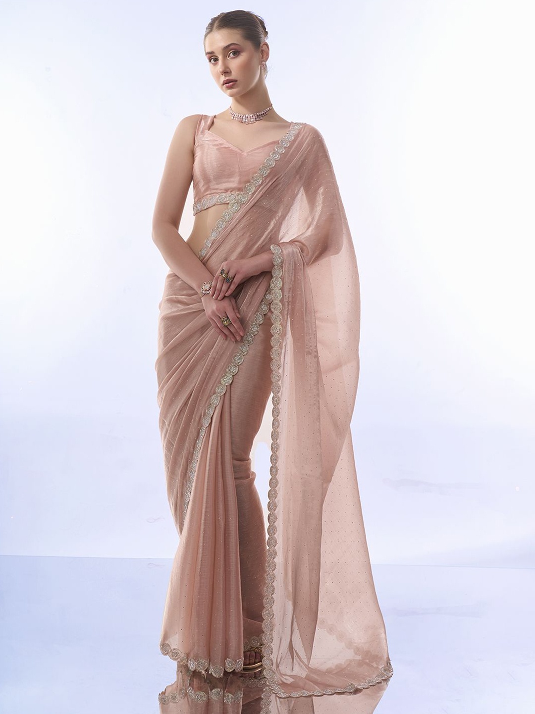 

modeva Embellished Beads and Stones Pure Chiffon Saree, Peach