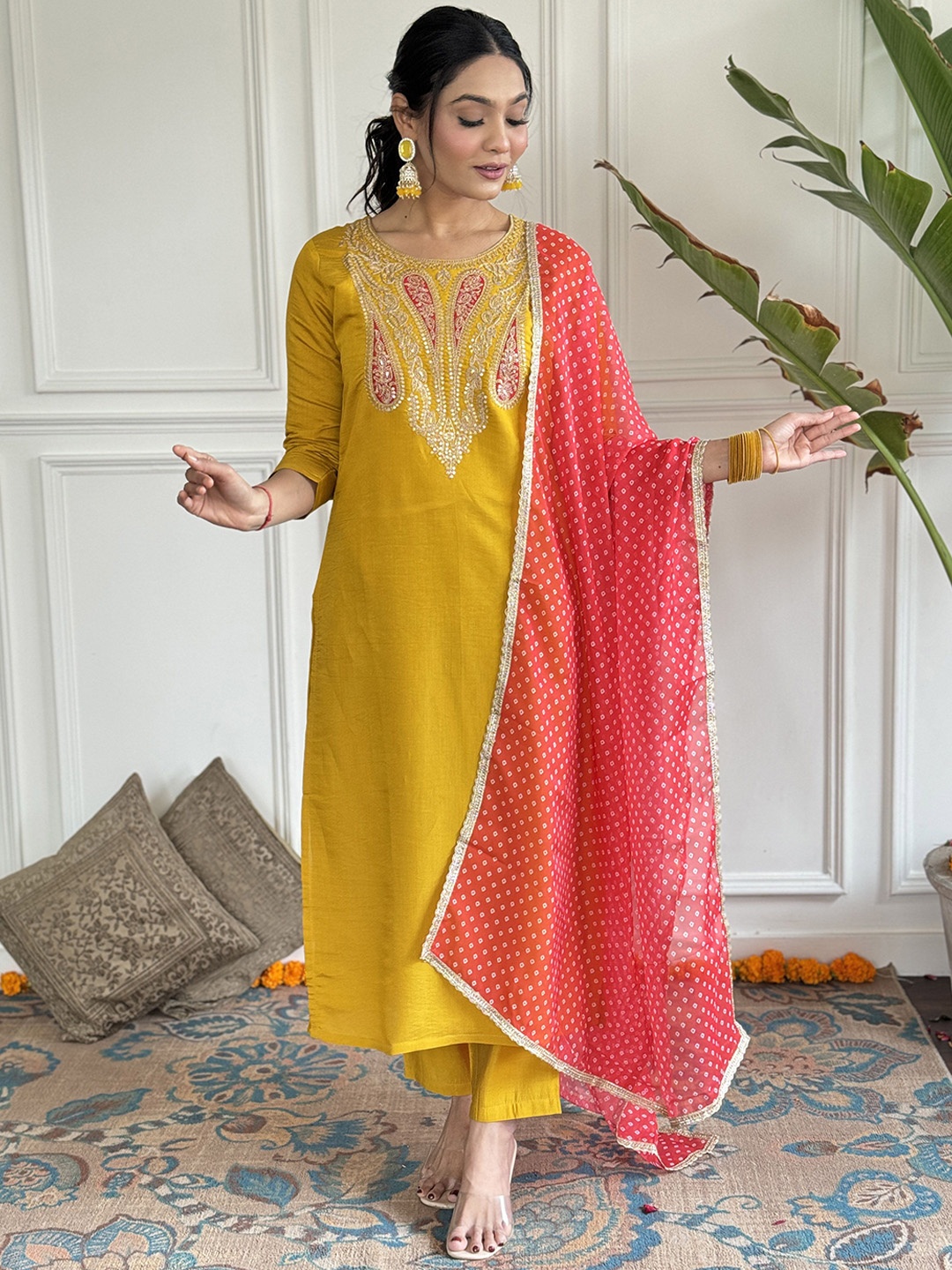 

THE52 Women Paisley Embroidered Regular Chanderi Silk Kurta with Trousers & With Dupatta, Mustard