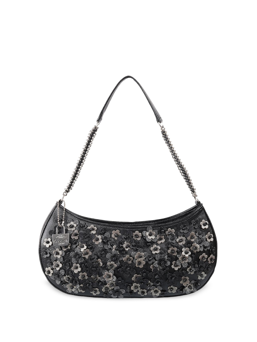 

Cheemo Floral Textured Half Moon Shoulder Bag, Black