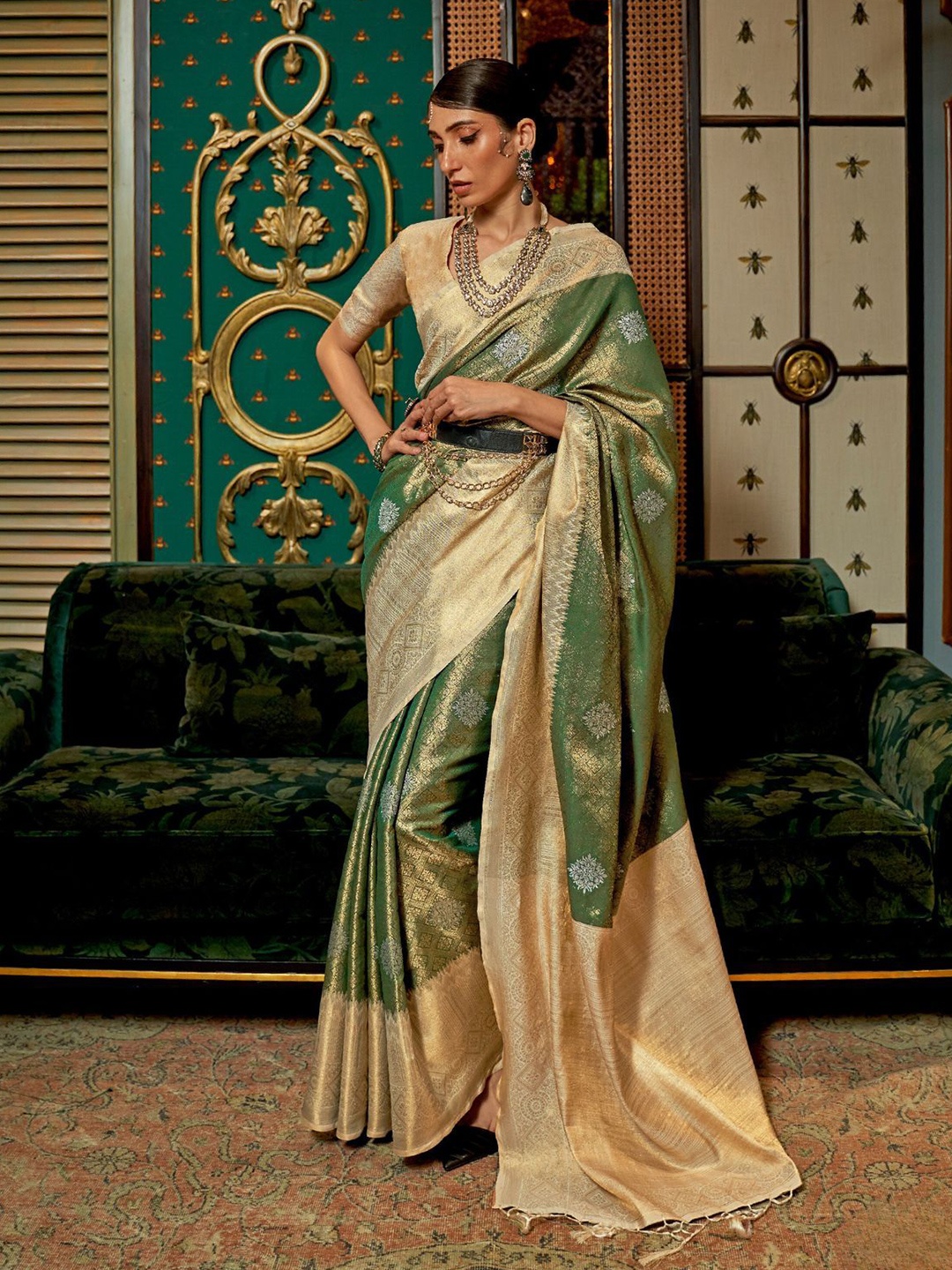 

ODETTE Woven Design Zari Saree With Unstitched Blouse, Green