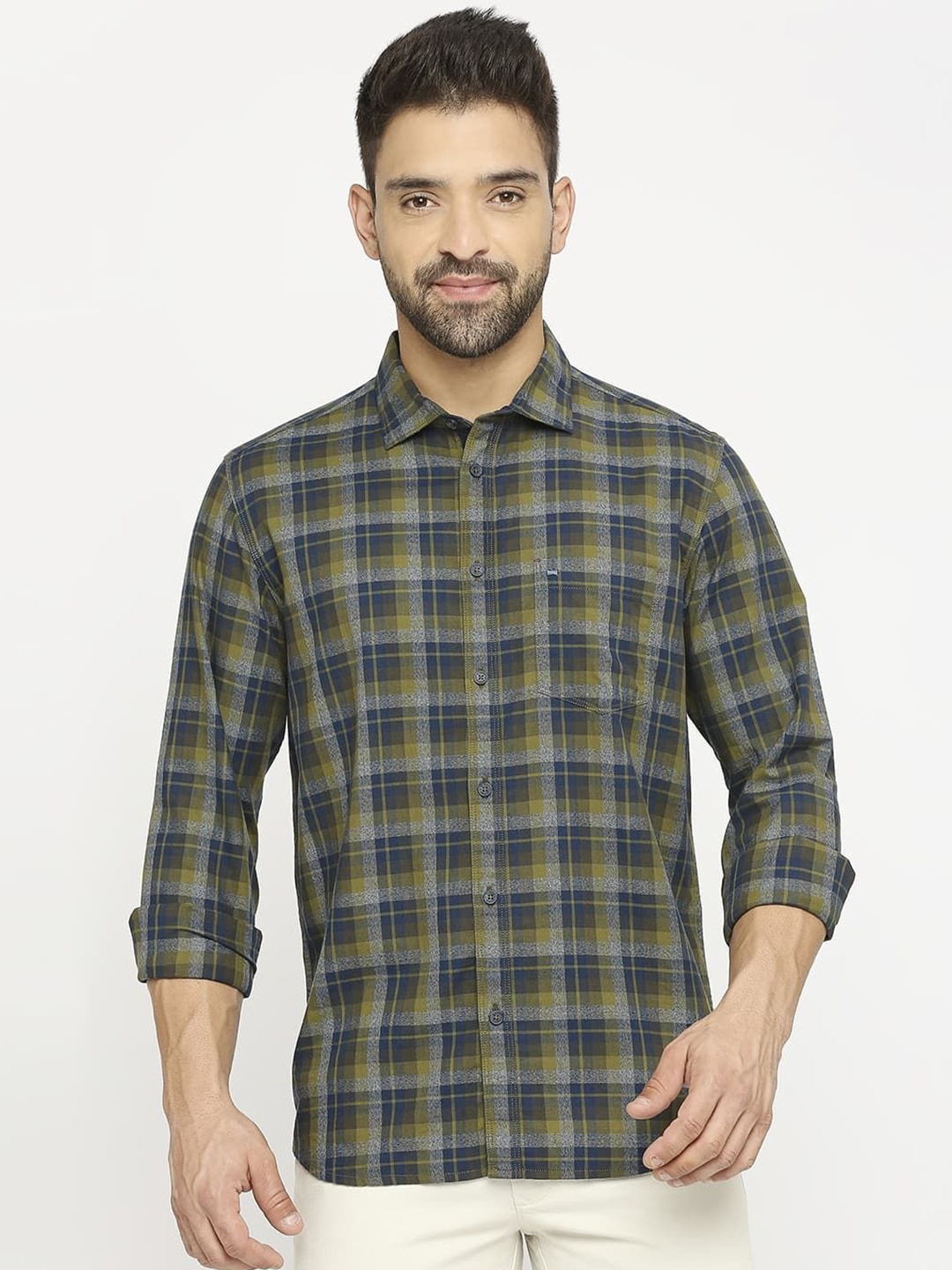 

Basics Men Slim Fit Tartan Checks Opaque Checked Casual Shirt, Olive