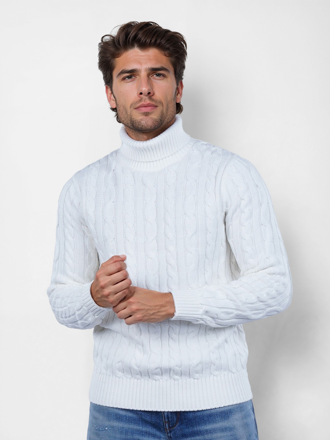 

Celio Men Cable Knit Mock Collar Pullover Sweaters, White