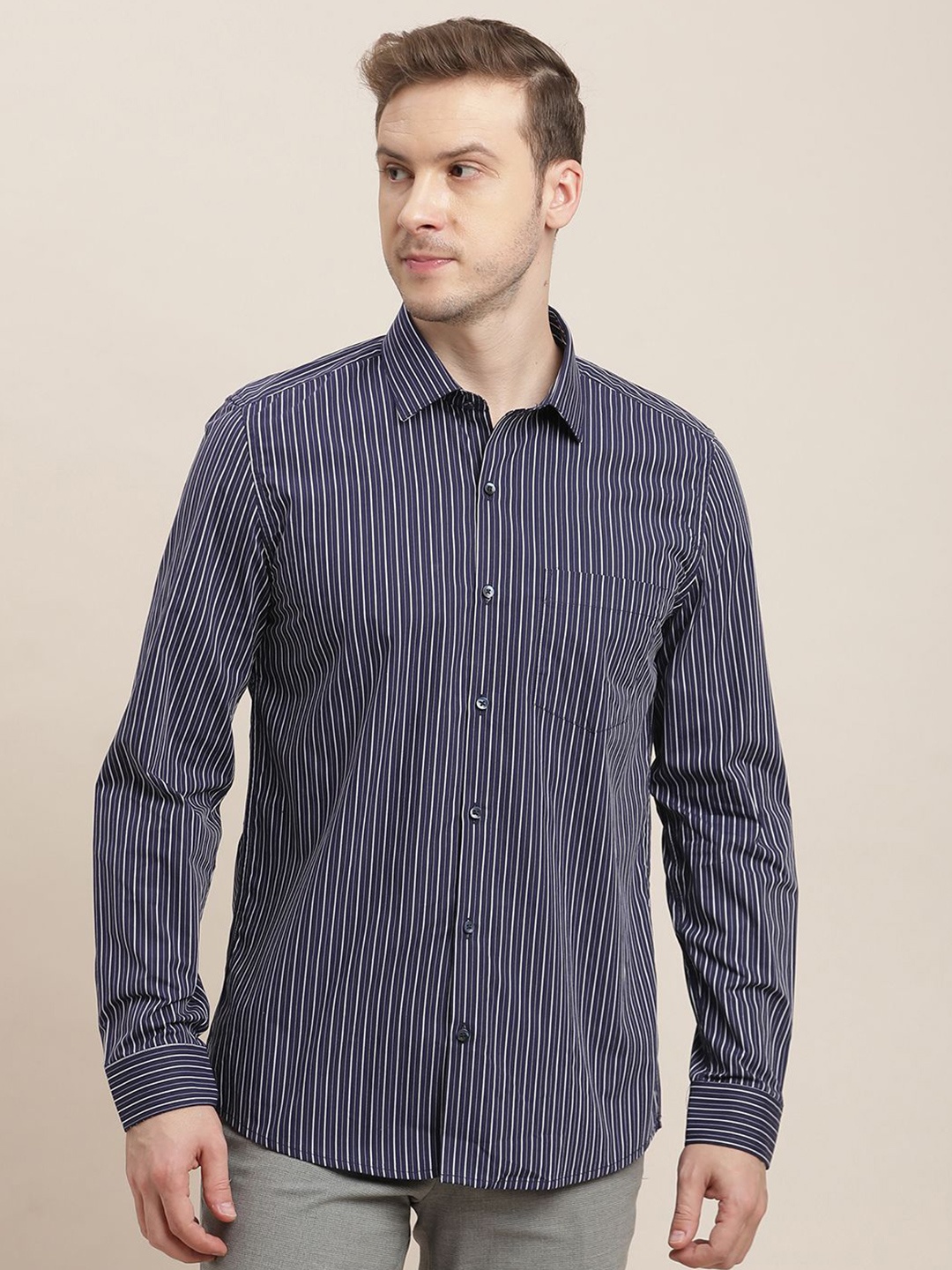 

Turtle Men Classic Slim Fit Opaque Striped Formal Shirt, Blue
