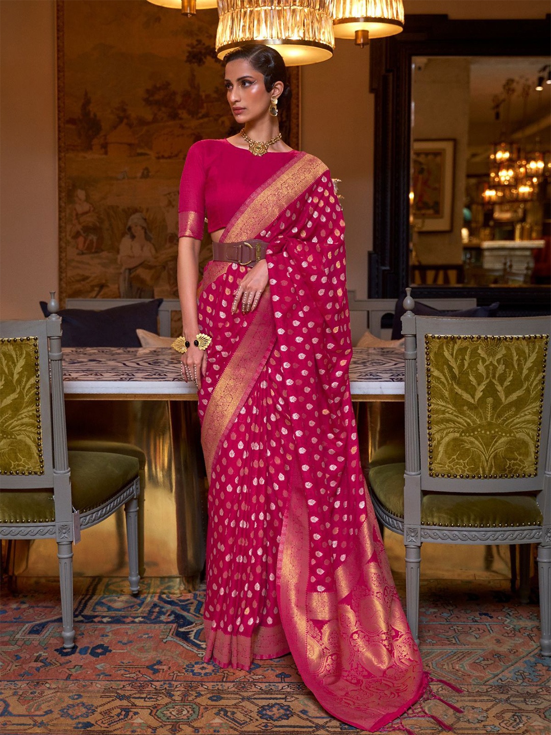 

ODETTE Woven Design Zari Saree, Pink