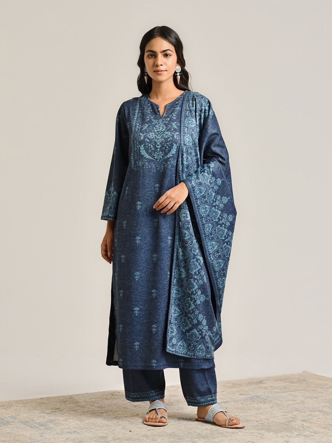 

Rustorange Floral Printed Pure Wool A Line Kurta with Salwar & Dupatta, Blue