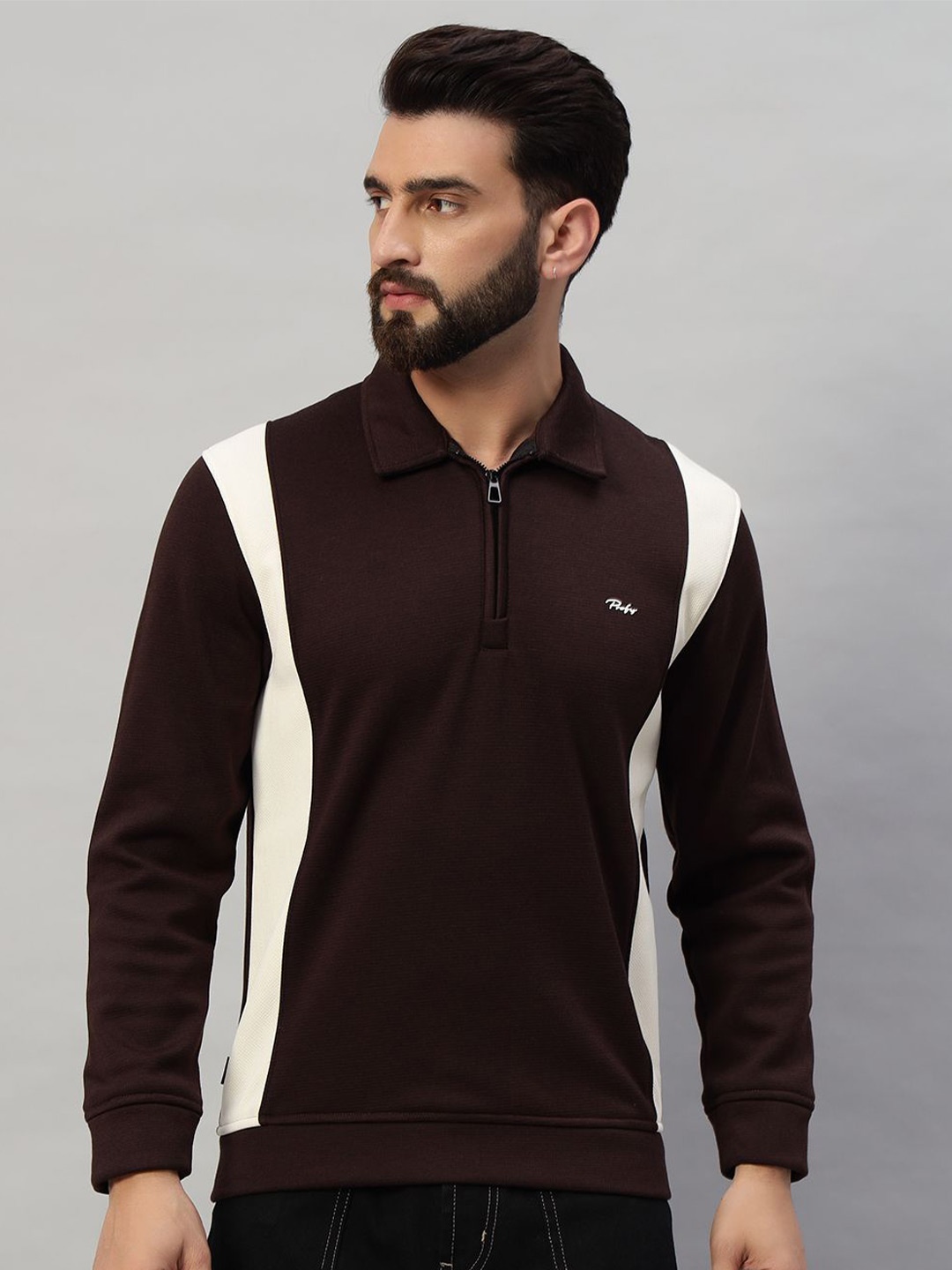 

PROFY Men Shirt Collar Pullover Sweatshirt, Brown