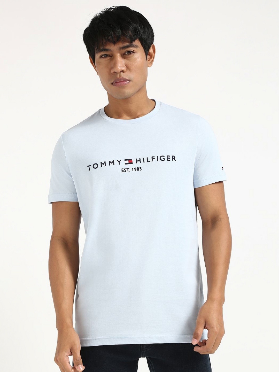 

Tommy Hilfiger Men Typography Printed Round Neck Cotton Slim Fit T-shirt, Blue