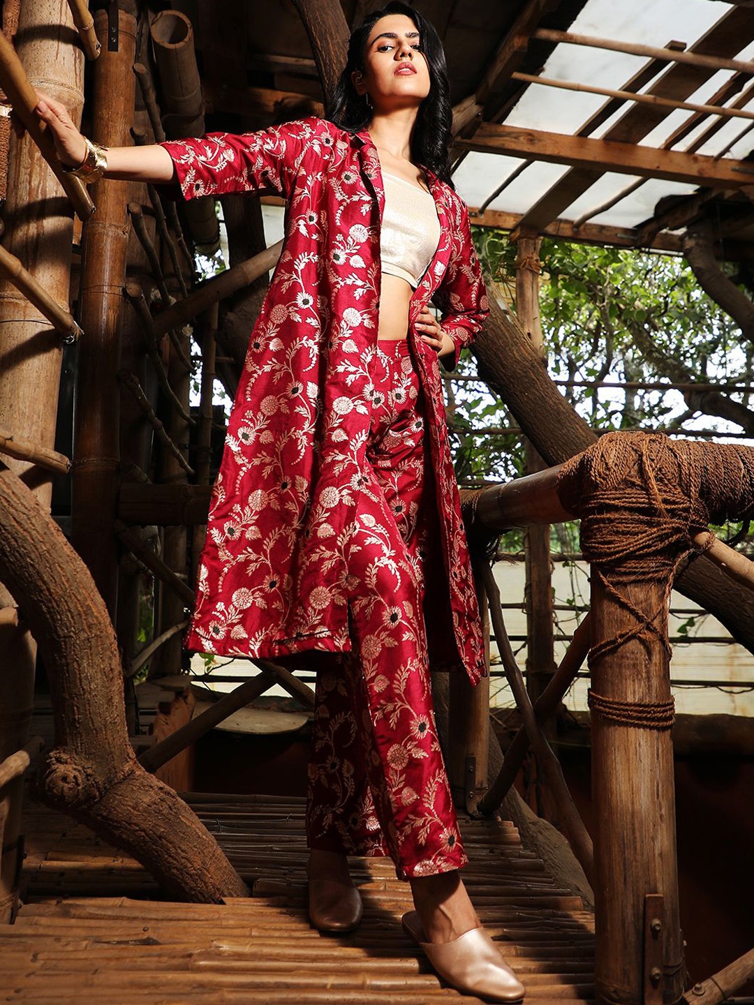 

QISSA Shoulder Straps Top with Trouser and Shrug, Beige