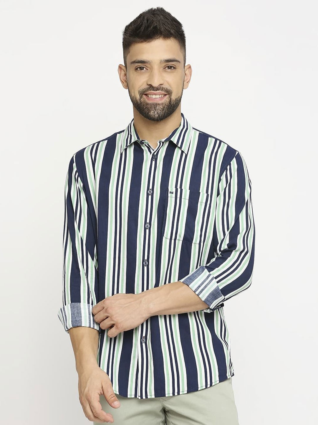 

Basics Men Slim Fit Opaque Striped Casual Shirt, Green