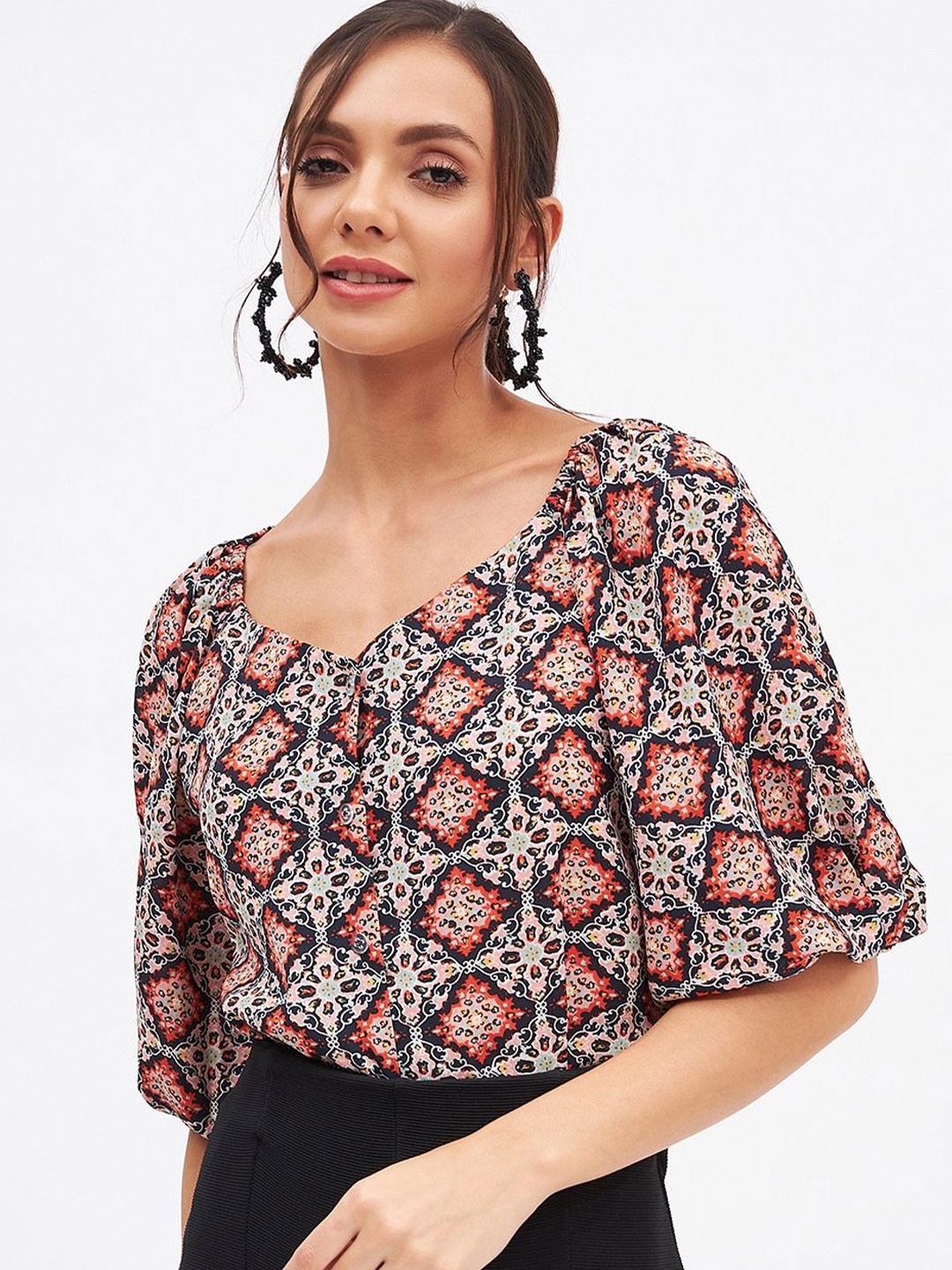 

Kibo Women Ethnic Motifs Printed Flared Sleeve Crepe Top, Orange