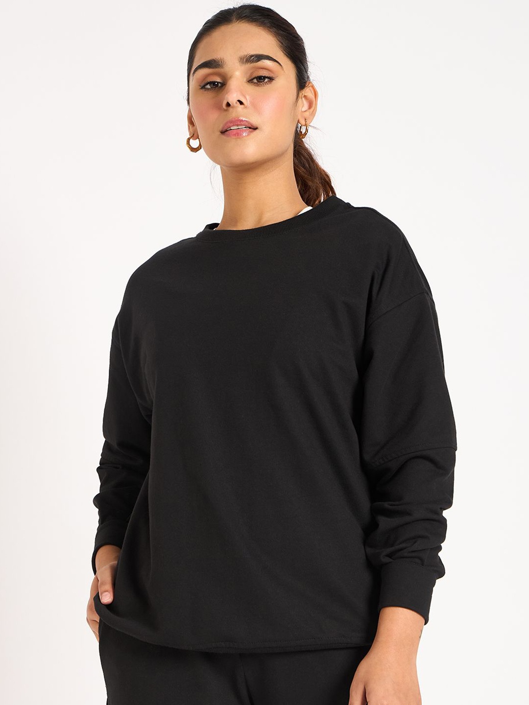 

FEMMELLA Women Cotton Round Neck Pullover Sweatshirt, Black