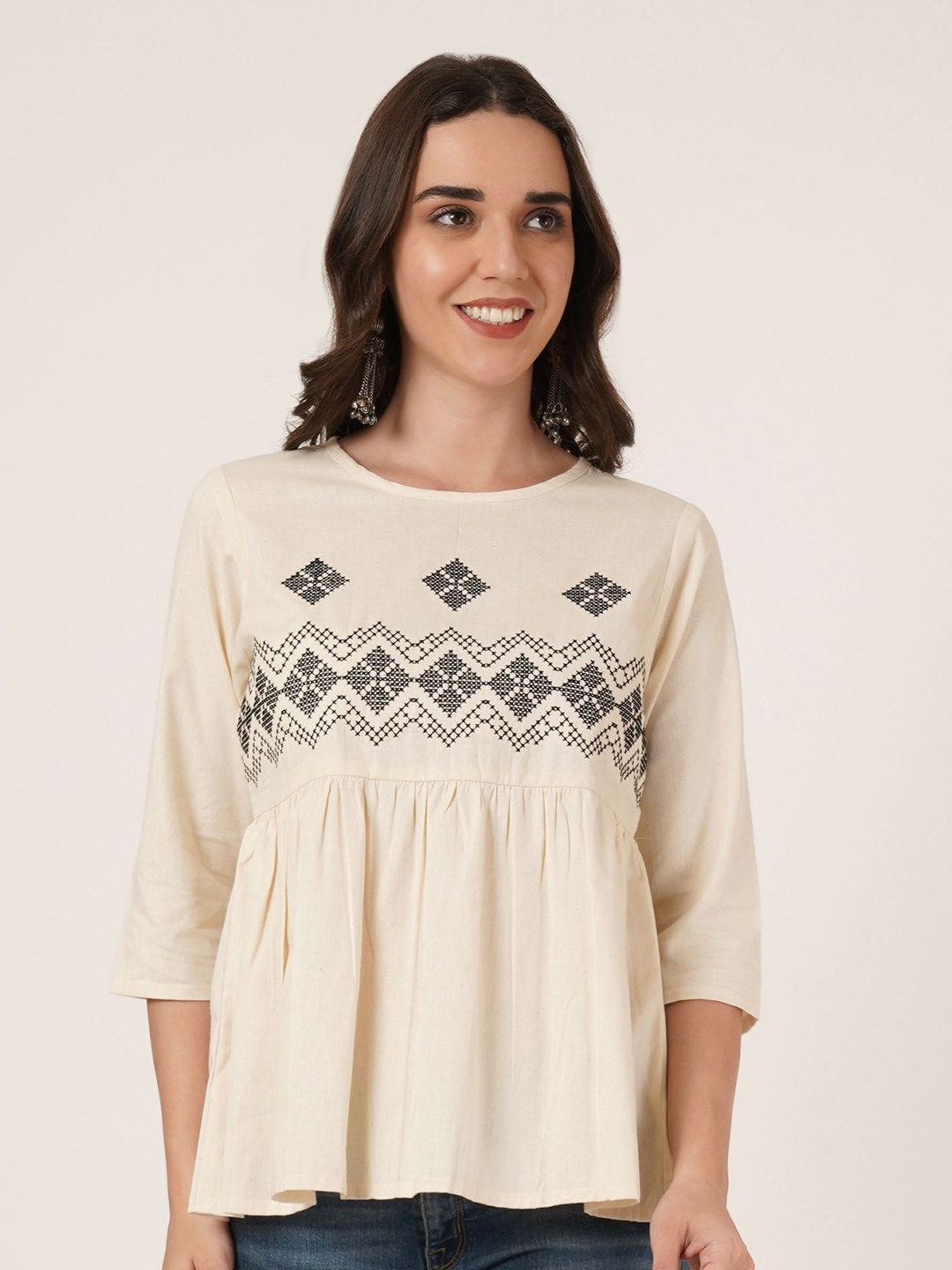 

Brownverse Women Cotton Embroidered Empire Top, Off white