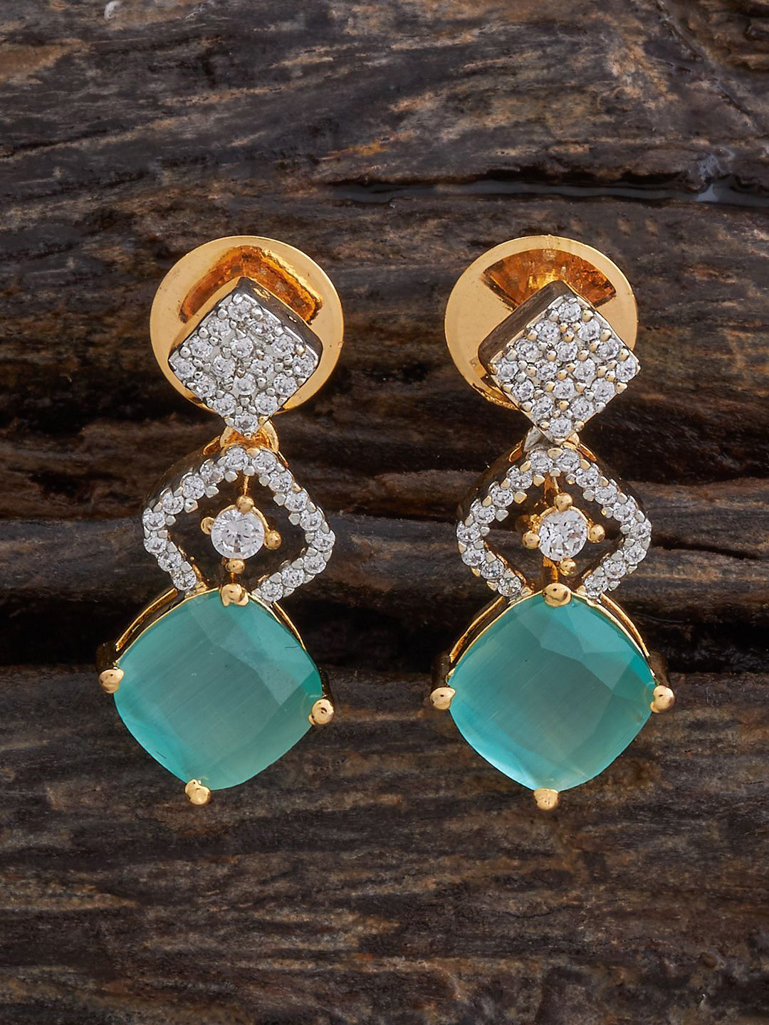 

Kushal's Fashion Jewellery Rhodium-Plated Zircon Studded Square Drop Earrings, Green