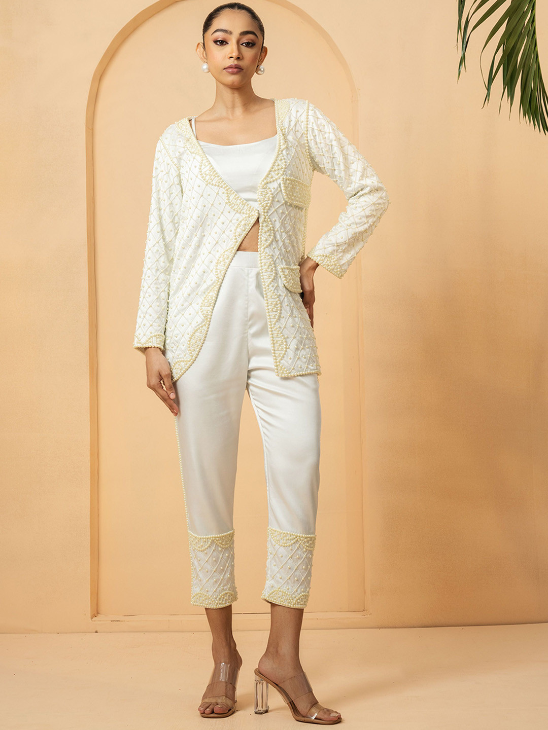 

Quench A Thirst Shoulder Straps Pure Silk Top with Trouser and Jacket, Off white
