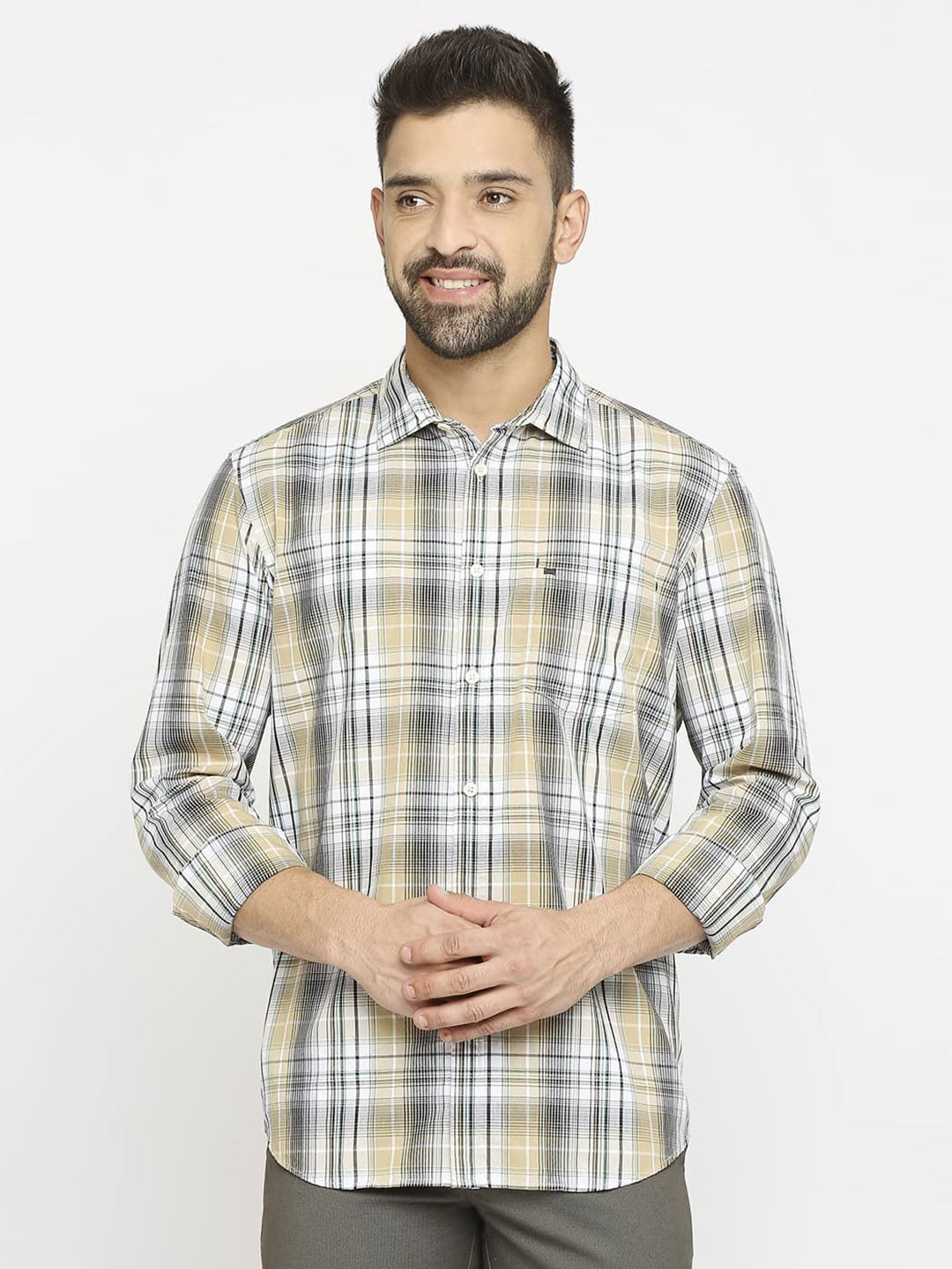 

Basics Men Slim Fit Tartan Checks Opaque Checked Casual Shirt, Beige