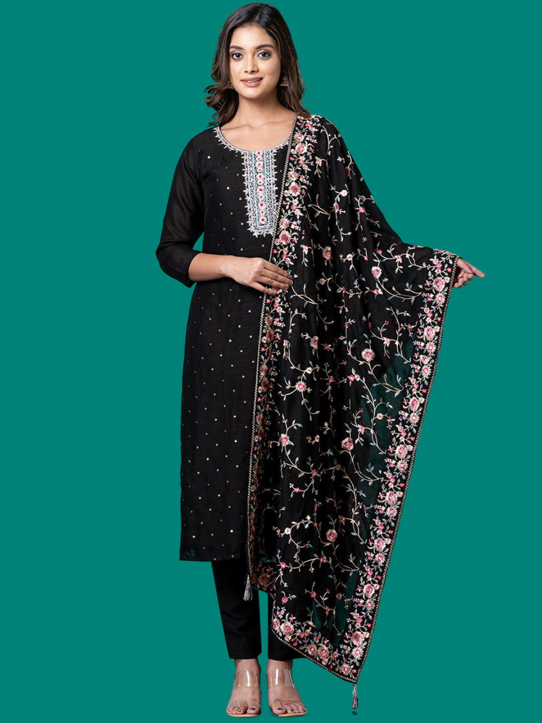 

SHREE BALAJI Women Floral Embroidered Regular Thread Work Kurta with Trousers & With Dupatta, Black