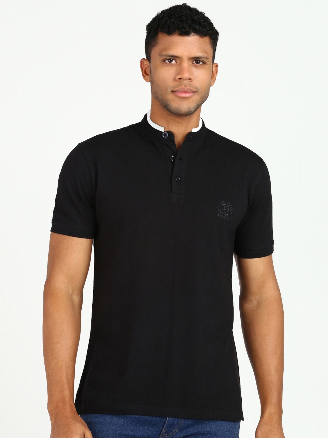 

Provogue Men Mandarin Collar Applique Slim Fit T-shirt, Black
