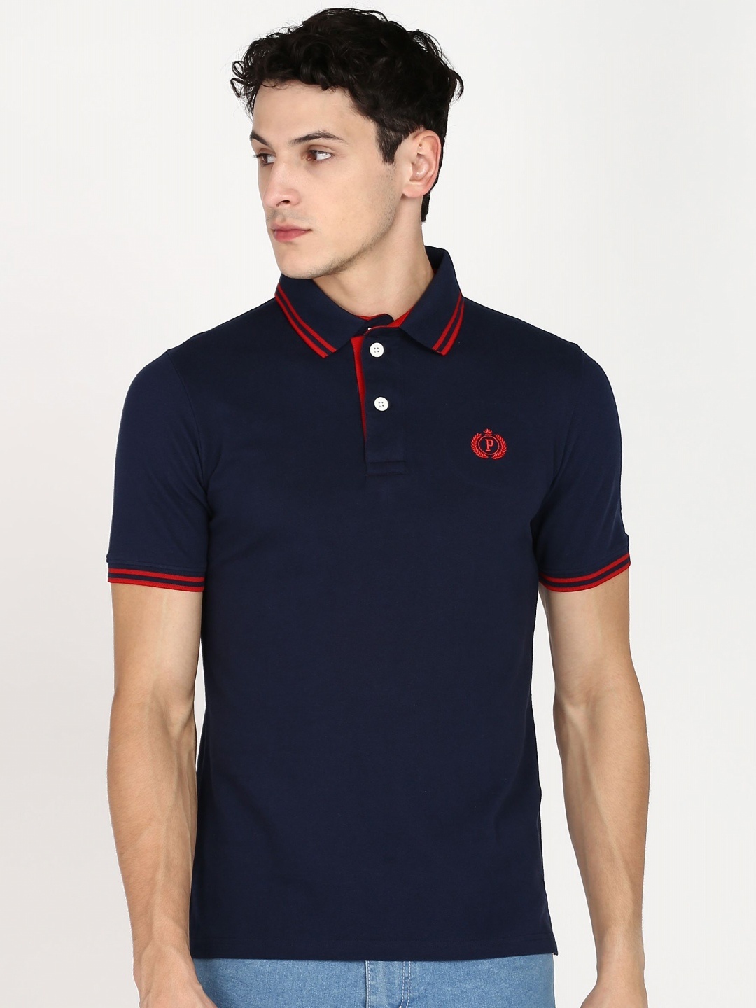 

Provogue Men Polo Collar Applique Slim Fit T-shirt, Navy blue