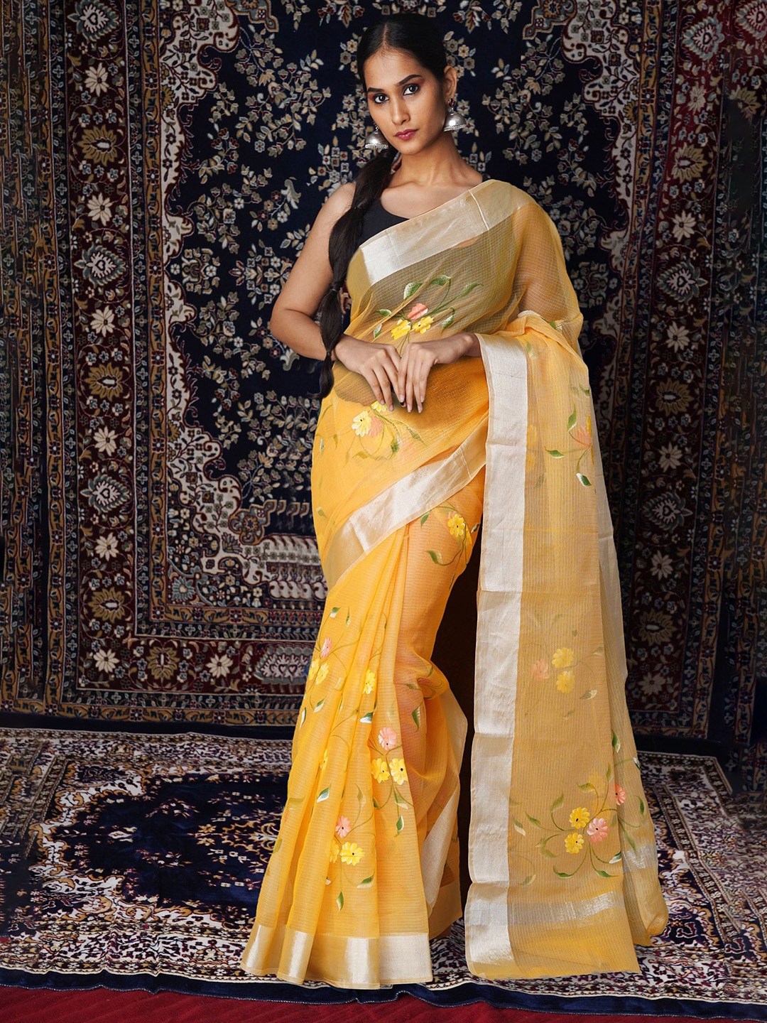 

Unnati Silks Floral Printed Zari Net Handloom Kota Saree, Yellow