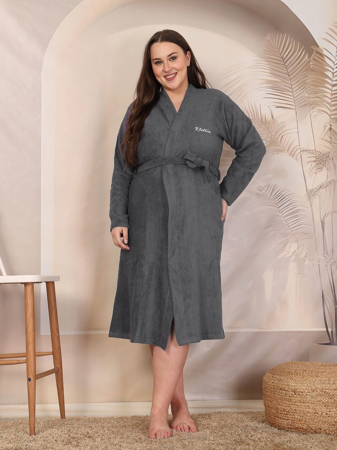 

KLOTTHE Woolen Plus Size Bath Robe With Belt, Grey