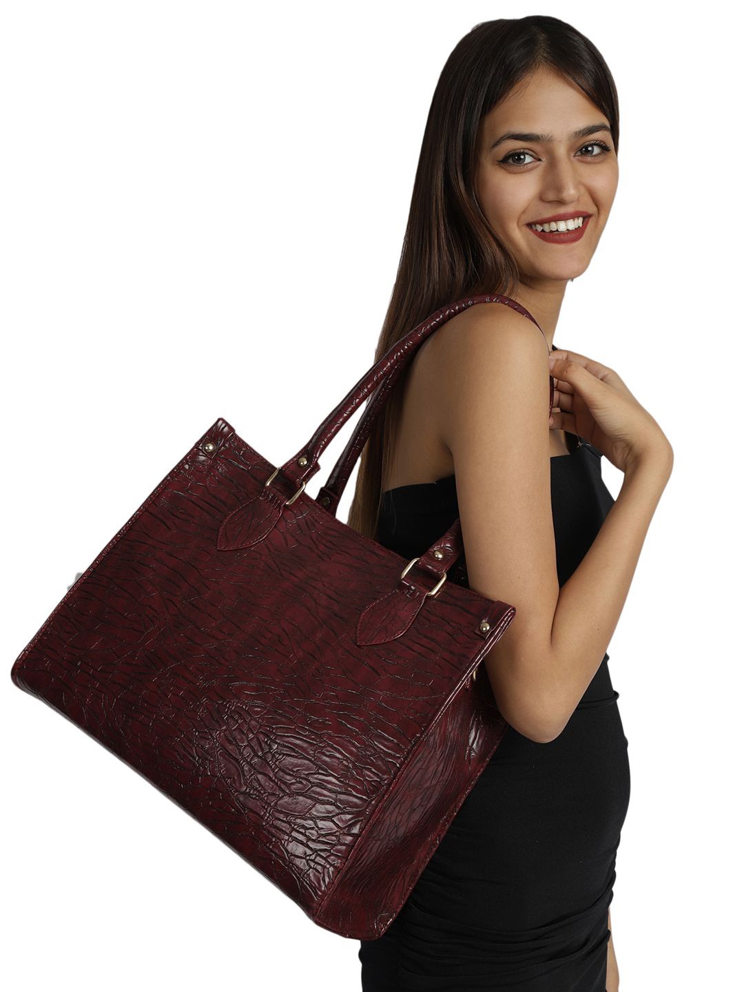 

MINI WESST Textured PU Structured Tote Bag with Applique, Maroon