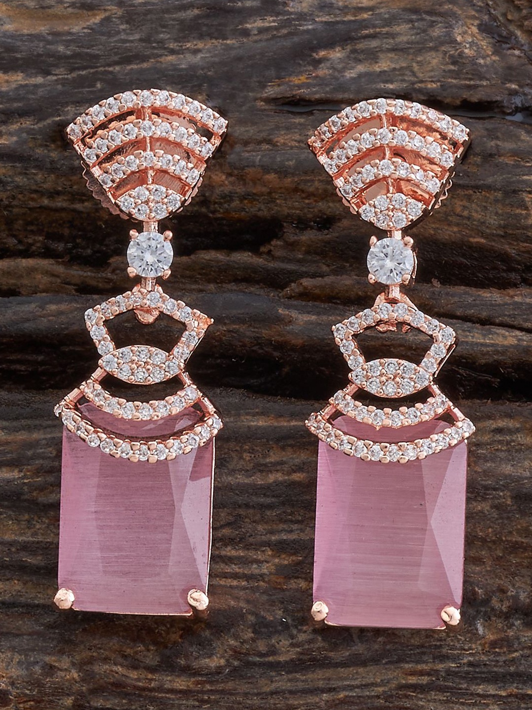 

Kushal's Fashion Jewellery Rose Gold Plated Zircon Studded Geometric Drop Earrings, Pink