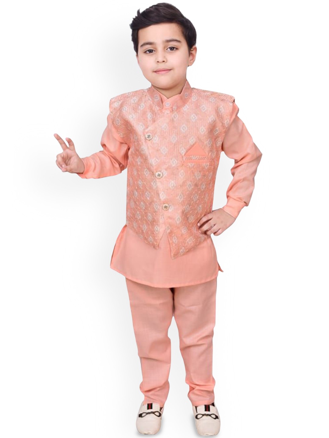 

Little Needle Boys Regular Thread Work Kurta with Pyjamas, Peach