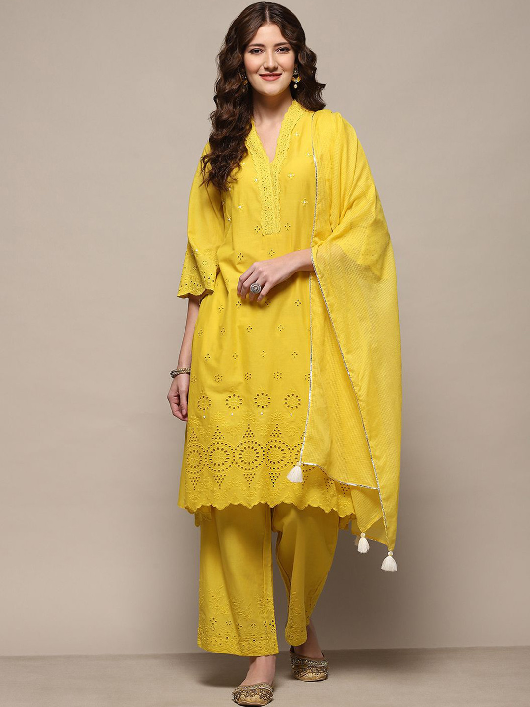

Biba Women Floral Embroidered Regular Thread Work Pure Cotton Kurta with Palazzos & With Dupatta, Yellow