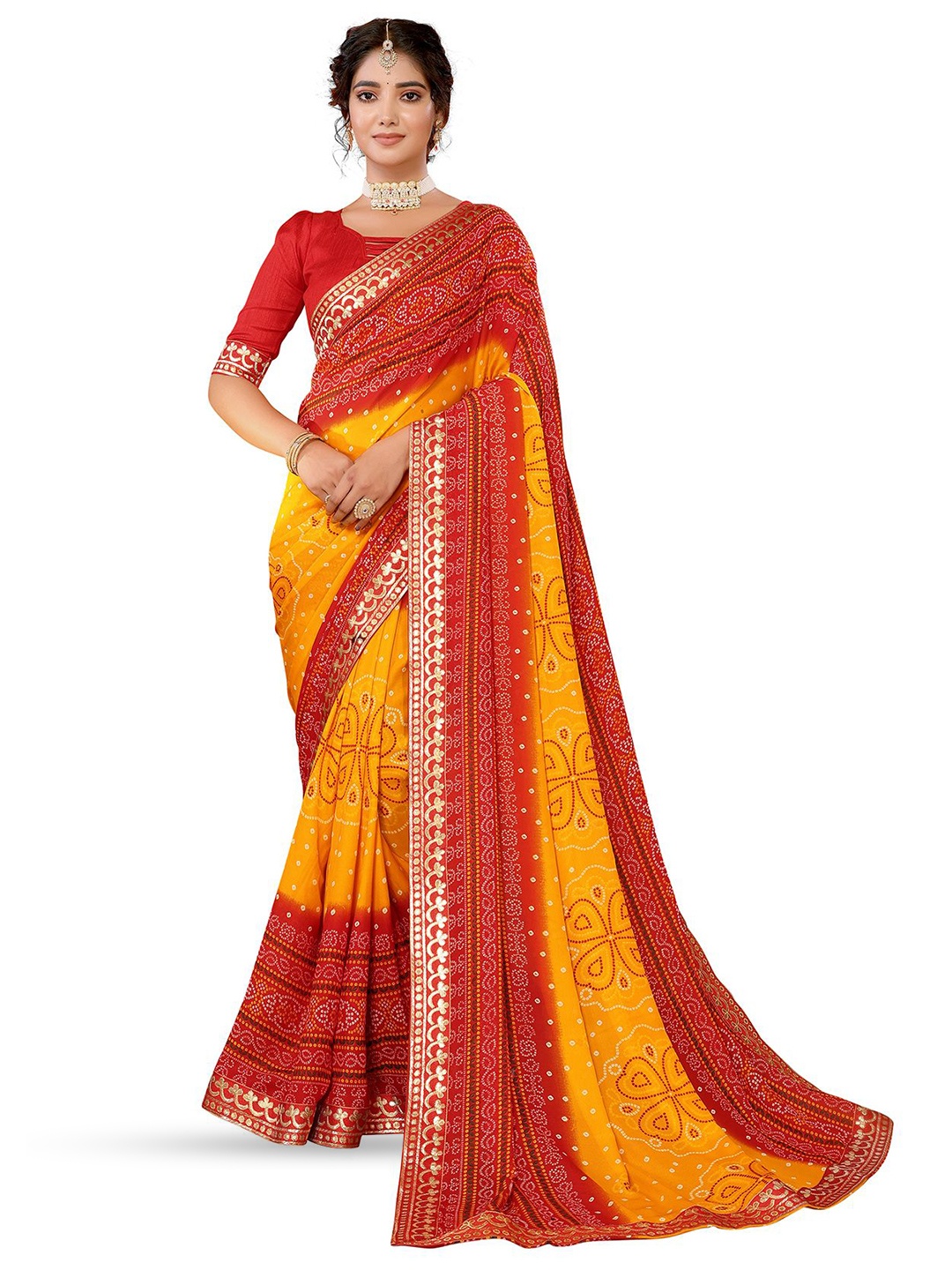 

KALINI Women Bandhani Saree With Embellished Border, Red