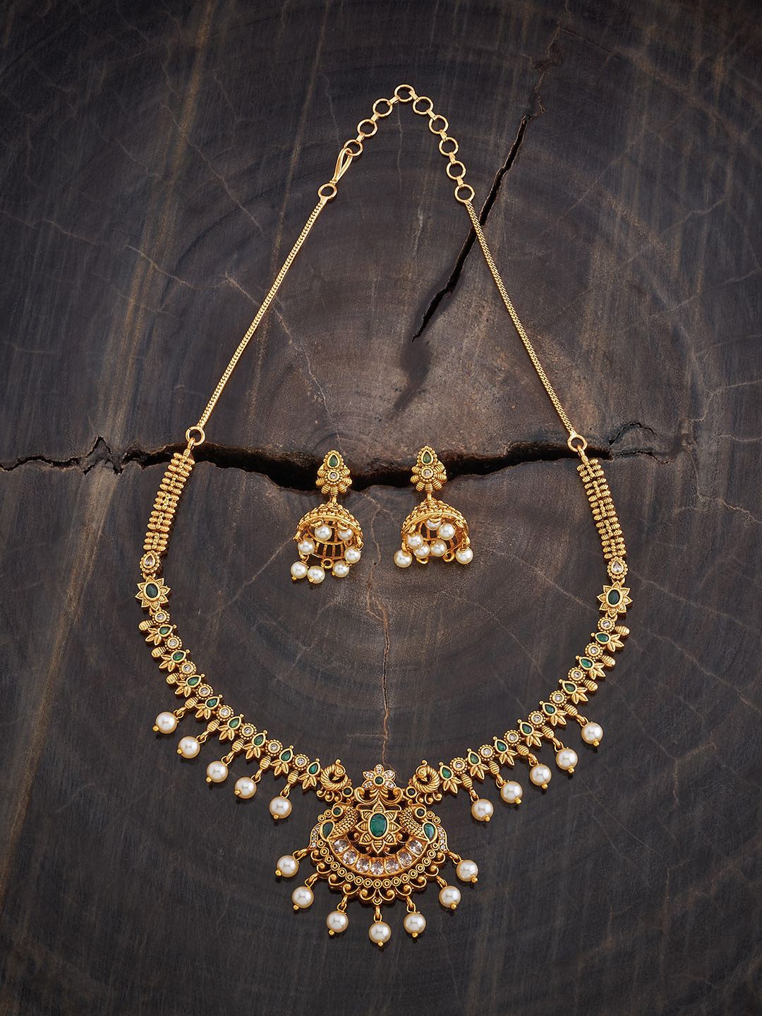 

Kushal's Fashion Jewellery Gold-Plated Stone-Studded Antique Necklace & Earrings