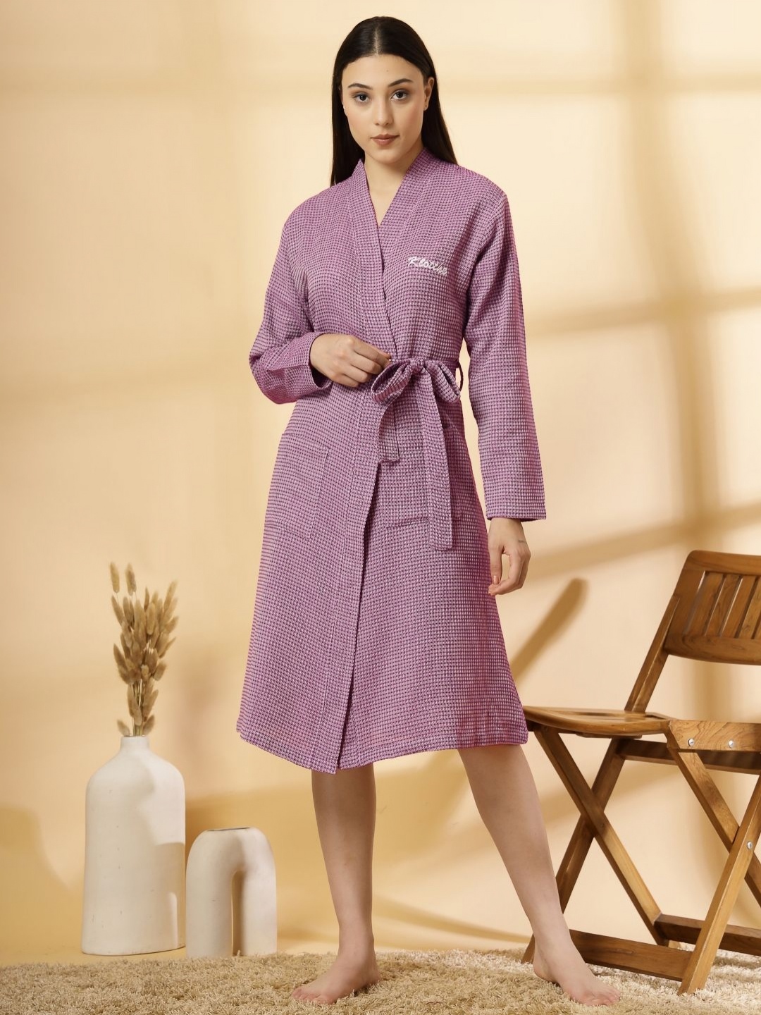 

KLOTTHE Checked Pure Cotton Bath Robe With Belt, Purple