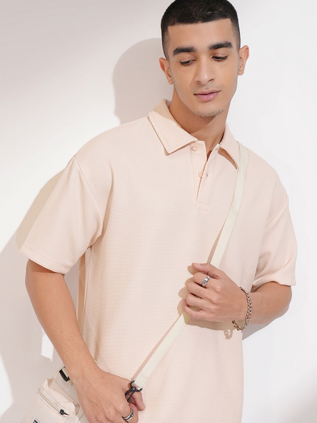 

HIGHLANDER Men Polo Collar Drop-Shoulder Sleeves T-shirt, Peach