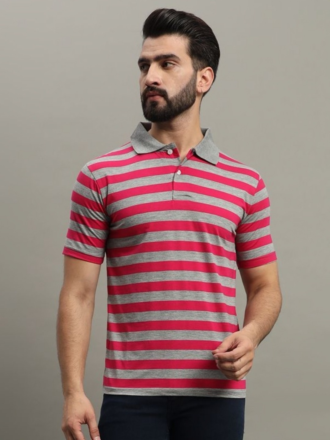 

GET GOLF Men Striped Polo Collar Cotton T-shirt, Pink