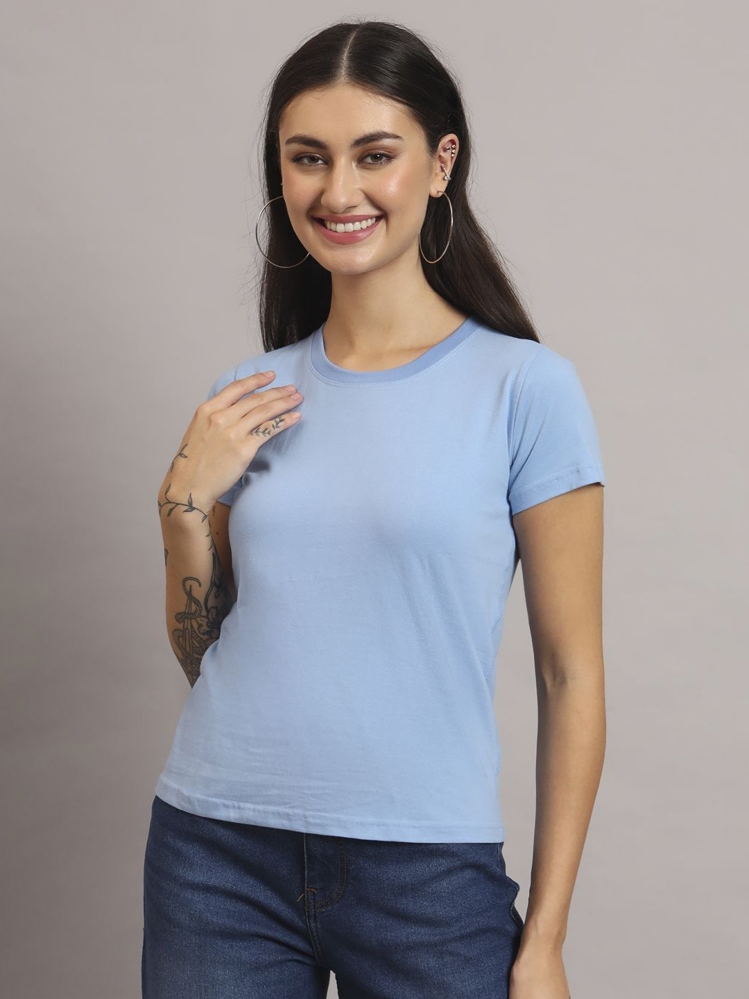 

OWO THE LABEL Women Drop-Shoulder Sleeves Pure Cotton Applique T-shirt, Blue